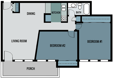 Floor plan for 2 beds, 1 bath, 875 sqft